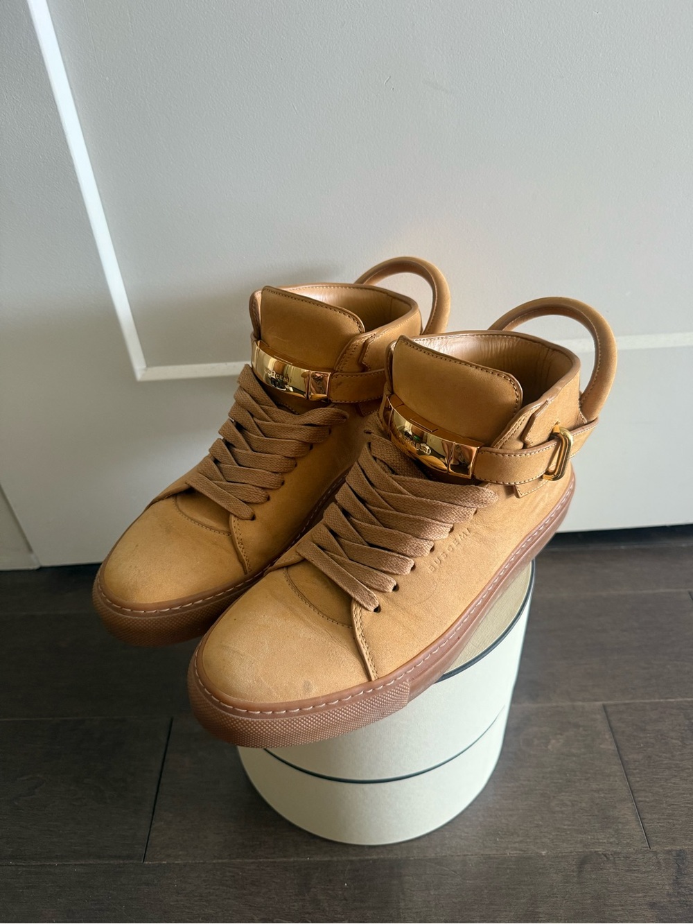 Buscemi Tan High-Top Sneakers with Gold Accent